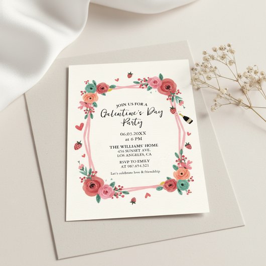 Floral Galentines Day Party Pink Invitation Kaart