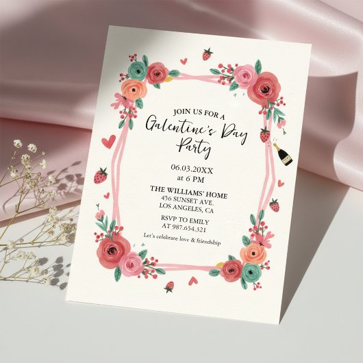 Floral Galentines Day Party Pink Invitation Kaart