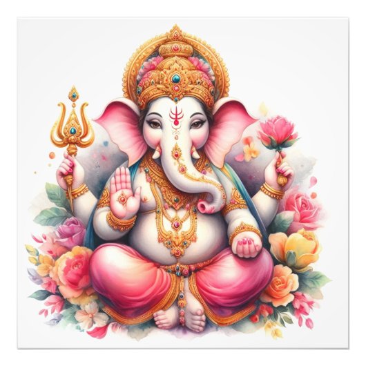 Floral Ganesha Zegen Goddelijke Kunst Foto Afdruk (Voorkant)