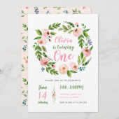 Floral Garden 1e verjaardag Uitnodiging | Peony Gi (Voorkant / Achterkant)