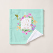 Floral Garden Aqua Monogram Handdoek (Wasdoekje)