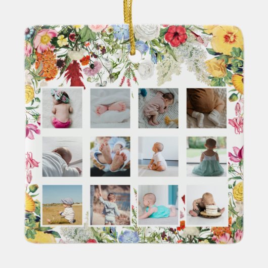 Floral Garden Baby eerste jaar Foto collage Keramisch Ornament (Voorkant)