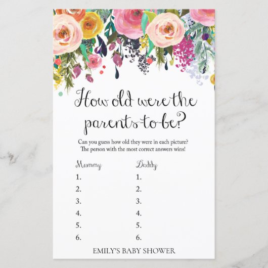 Floral Garden Baby shower Game PRINED (Voorkant)