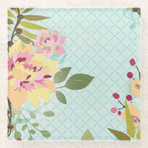 Floral Garden, blauwe achtergrond Glazen Onderzetter