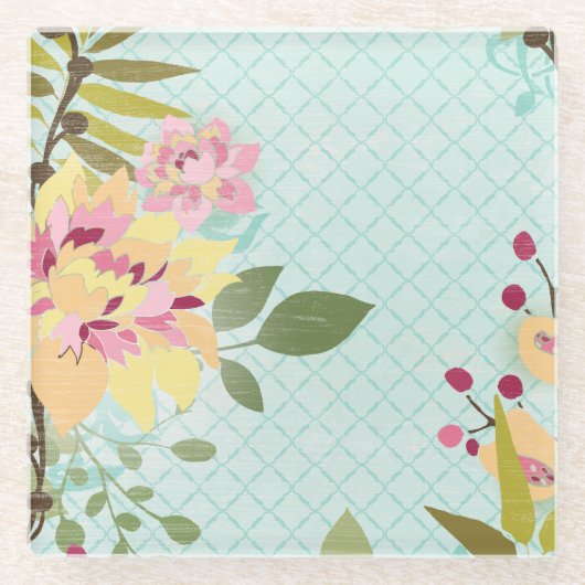 Floral Garden, blauwe achtergrond Glazen Onderzetter (Voorkant)