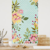 Floral Garden, blauwe achtergrond Poster (Keuken)