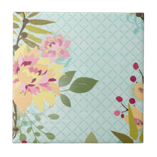 Floral Garden, blauwe achtergrond Tegeltje