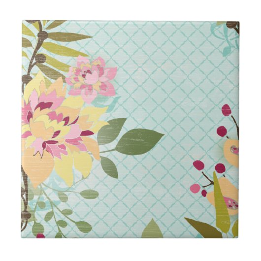 Floral Garden, blauwe achtergrond Tegeltje (Voorkant)