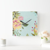 Floral Garden, blauwe achtergrond Vierkante Klok (Huis)