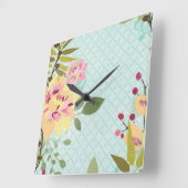 Floral Garden, blauwe achtergrond Vierkante Klok (Hoek)