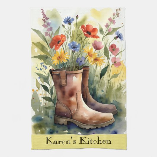 Floral Garden Boots and Wildflowers Kitchen Towel Theedoek (Verticaal)
