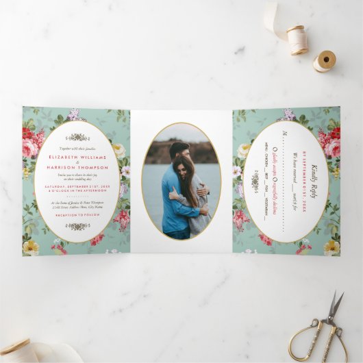 Floral Garden Botanical Wedding Suite Drieluik Uitnodiging (Binnen)