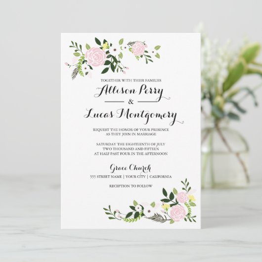 Floral Garden bruiloft uitnodiging - wit (Staand voorkant)