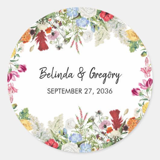 Floral Garden Colorful Flowers Wedding Ronde Sticker (Voorkant)