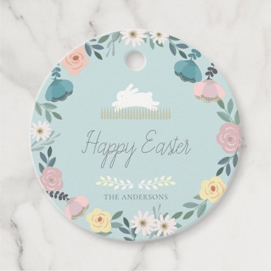 Floral Garden Easter Bunny Eggs Blue Bedankjes Labels (Voorkant)