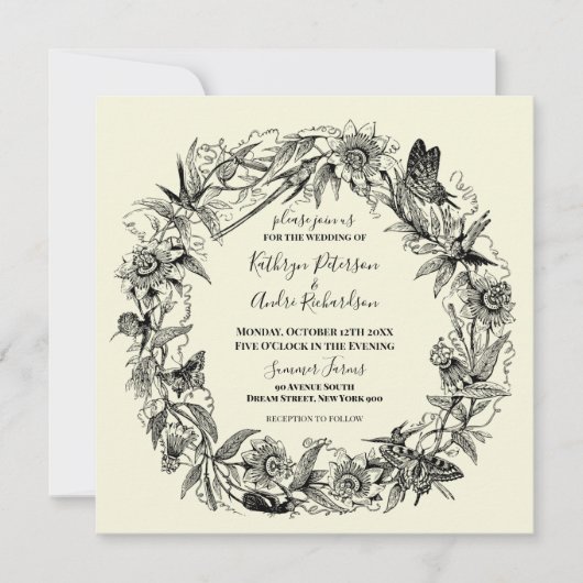 Floral Garden en Butterfly Wreath Wedding Kaart (Voorkant)