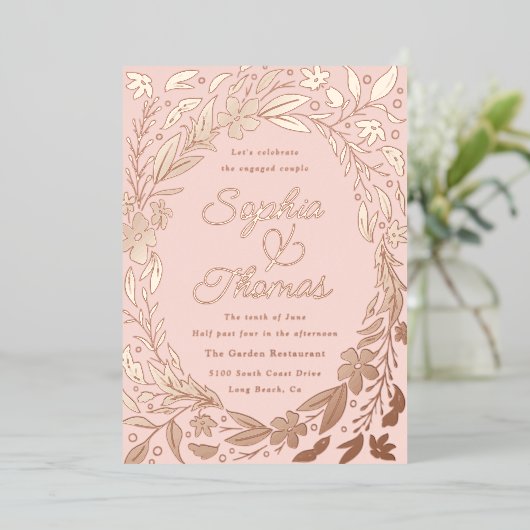 Floral Garden Engaged Couples Shower Roos Gold Folie Uitnodiging (Staand Voorkant)