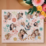 Floral Garden Flower Family Foto Lijst Collage Legpuzzel<br><div class="desc">Een echt unieke gepersonaliseerde puzzel in de puzzel. Ons ontwerp biedt elf bloembloemen lijsten om je eigen speciale herinneringen weer te geven. Mooie bloemen en bladelementen zijn rond de bloemvormige fotoframes geordend, waardoor een tuin van bloemen wordt gemaakt. Personaliseer je met een monogram en twee van je eigen woorden. Deze...</div>