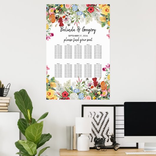 Floral Garden Flowers Wedding Seating Chart Poster (Thuiskantoor)