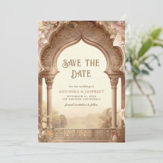 Floral Garden Indian Palace Boog Trouwfoto Save The Date (Staand voorkant)