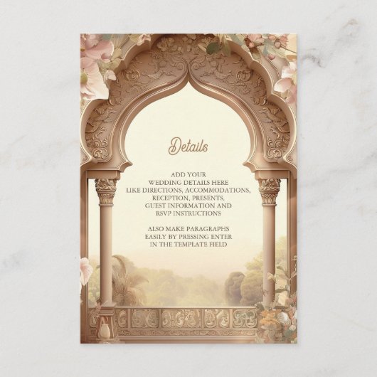 Floral Garden Indian Palace Boog Wedding Details Informatiekaartje (Voorkant)