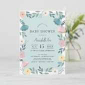 Floral Garden Light Blue Baby shower Kaart (Staand voorkant)