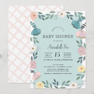 Floral Garden Light Blue Baby shower Kaart