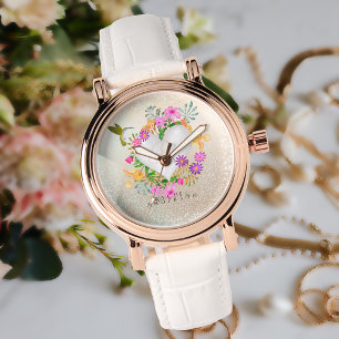 Floral Garden Monogram Champagne Ronde Horloge