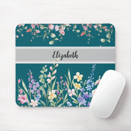 Floral Garden Monogram Script Dark Blauwgroen Muismat (Met muis)