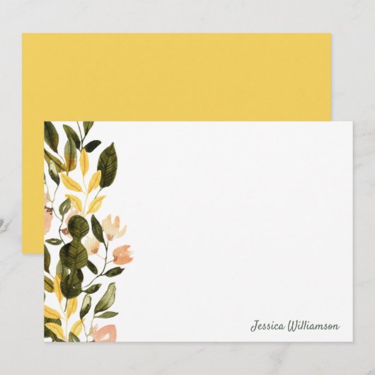 Floral Garden Monogram Waterverf Rustic Yellow Notitiekaartje (Voorkant / Achterkant)