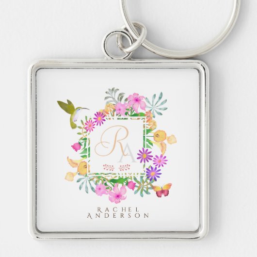Floral Garden Monogram Wit Sleutelhanger (Voorkant)