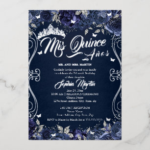 Floral Garden Navy Silver Mis Quince Quinceanera Folie Uitnodiging