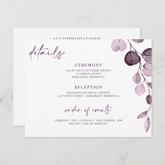 Floral Garden Paarse bruiloft Informatiekaartje (Voorkant / Achterkant)