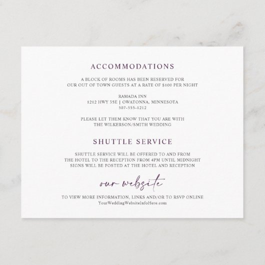 Floral Garden Paarse bruiloft Informatiekaartje (Achterkant)