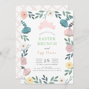 Floral Garden Pink Bunny White Easter Brunch Kaart