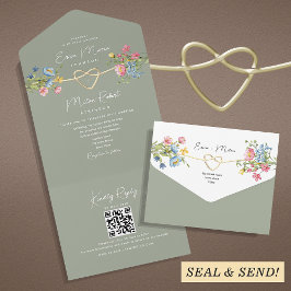 Floral Garden Sage Green Wedding All In One Uitnodiging