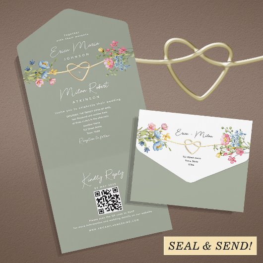 Floral Garden Sage Green Wedding All In One Uitnodiging