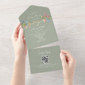 Floral Garden Sage Green Wedding All In One Uitnodiging (Afscheurbaar)