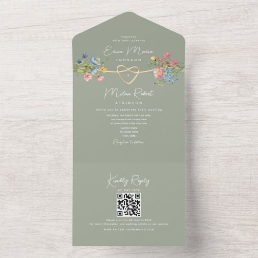 Floral Garden Sage Green Wedding All In One Uitnodiging (Binnen)