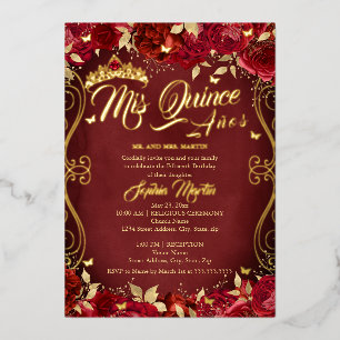 Floral Garden Scroll Red Mis Quince Quinceanera Folie Uitnodiging