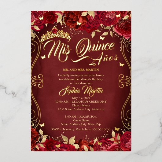 Floral Garden Scroll Red Mis Quince Quinceanera Folie Uitnodiging (Voorkant)