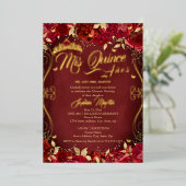 Floral Garden Scroll Red Mis Quince Quinceanera Folie Uitnodiging (Staand Voorkant)