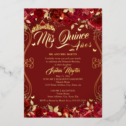 Floral Garden Scroll Ruby Mis Quince Quinceanera Folie Uitnodiging (Voorkant)