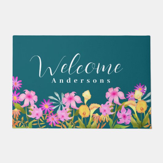 Floral Garden Teal Welcome Deurmat (Voorkant)