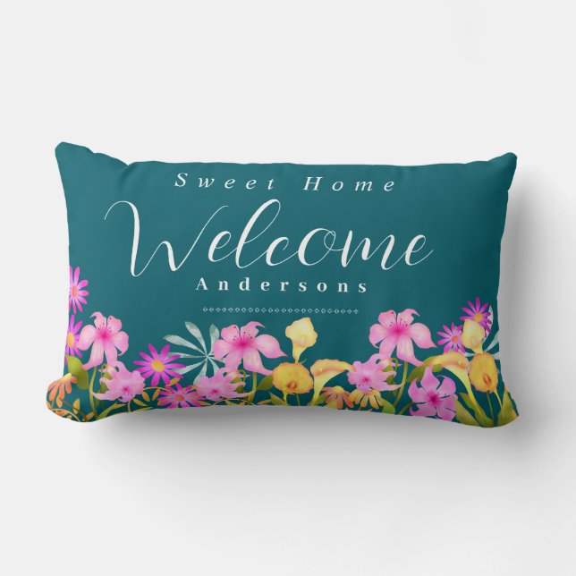 Floral Garden Teal Welcome Throw Pillow Kussen (Voorkant)