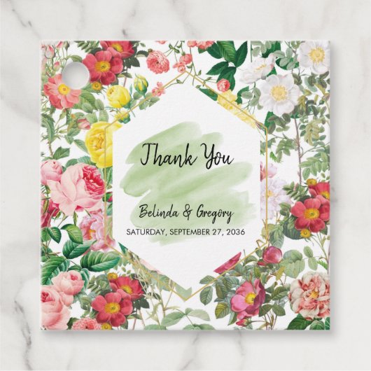 Floral Garden, Waterverf en Geometrische bruiloft Bedankjes Labels (Voorkant)