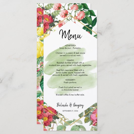 Floral Garden, Waterverf en geometrische bruiloft Menu (Voorkant / Achterkant)
