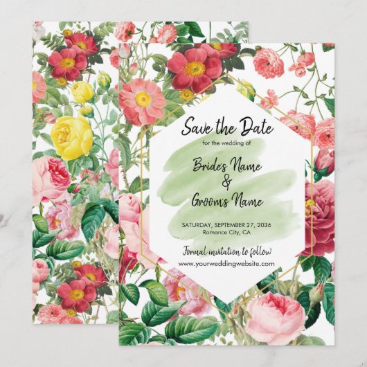 Floral Garden, Waterverf en Geometrische bruiloft Save The Date (Voorkant / Achterkant)