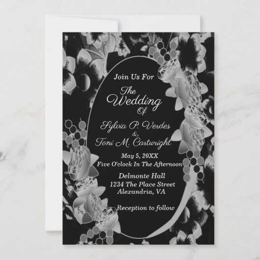 Floral Garden Wedding Black and White Oval Kaart (Voorkant)