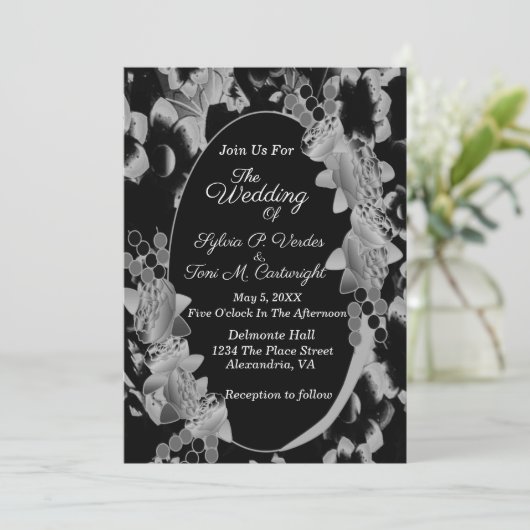 Floral Garden Wedding Black and White Oval Kaart (Staand voorkant)